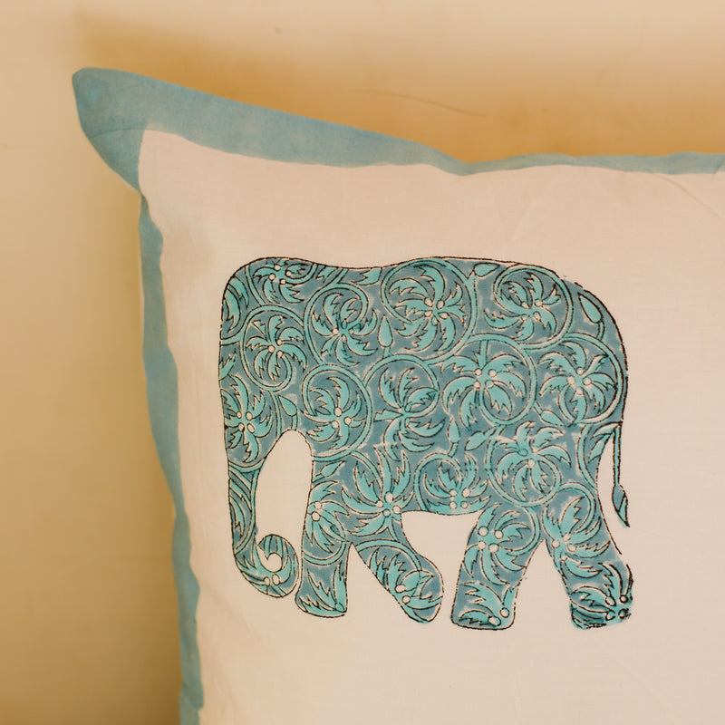 Cotton Cushion Cover Turquoise Elephant Block Print