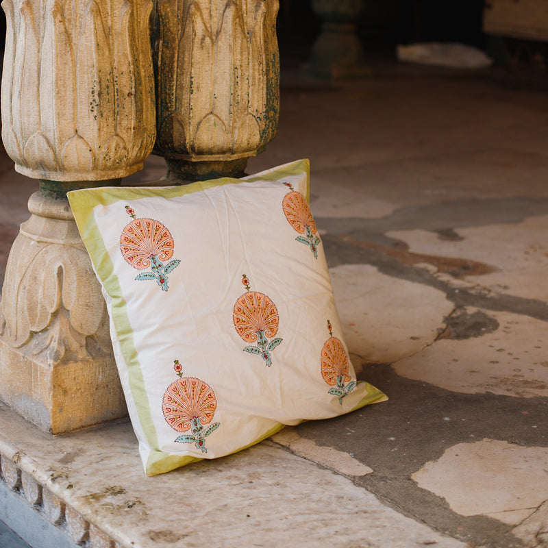 Cotton Cushion Cover Peach Green Morpankh Block Print