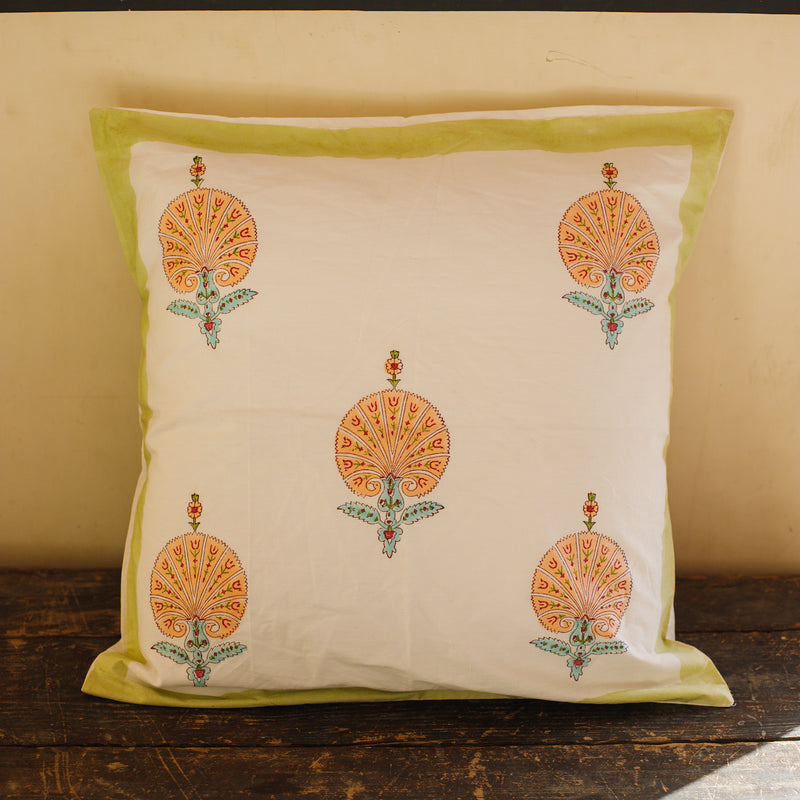 Cotton Cushion Cover Peach Green Morpankh Block Print