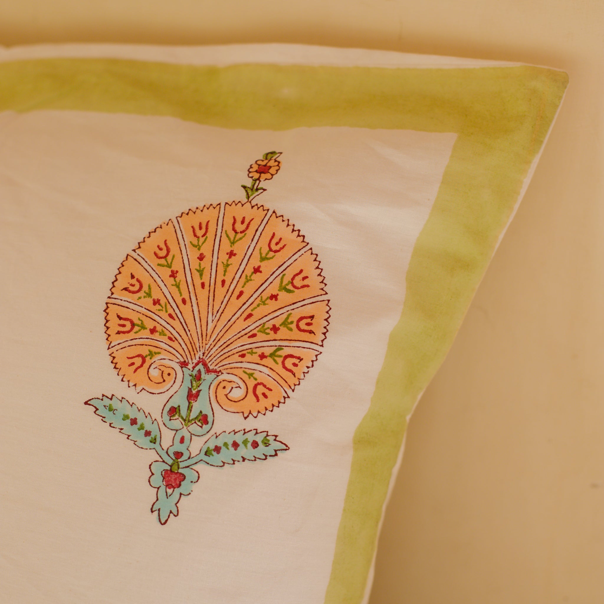 Cotton Cushion Cover Peach Green Morpankh Block Print