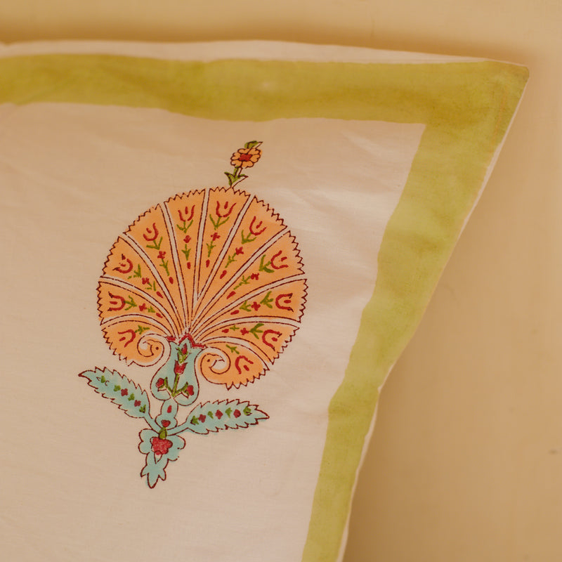 Cotton Cushion Cover Peach Green Morpankh Block Print