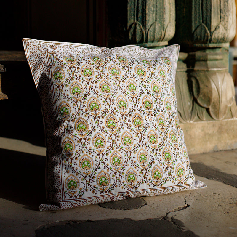 Cotton Cushion Cover Green Brown Leaf Bel Block Print