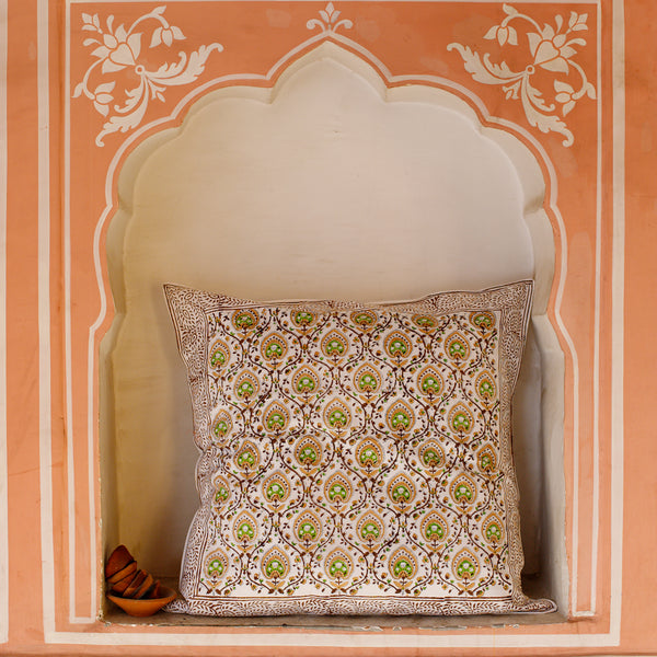 Cotton Cushion Cover Green Brown Leaf Bel Block Print