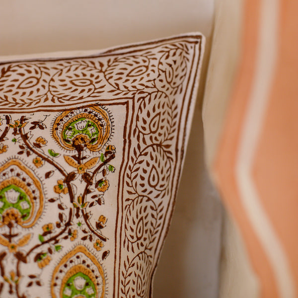 Cotton Cushion Cover Green Brown Leaf Bel Block Print