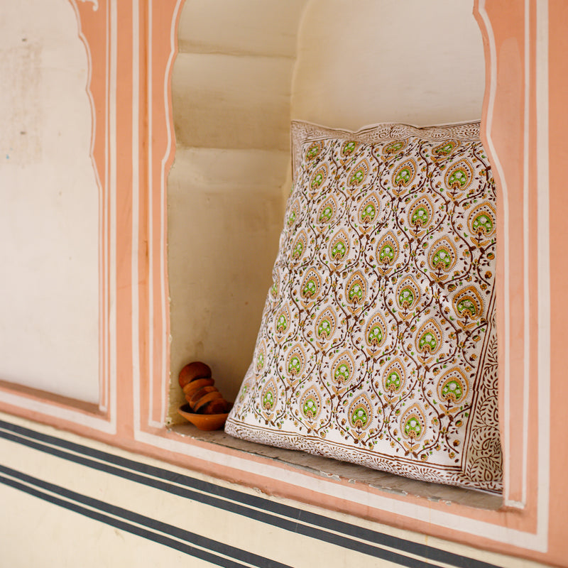 Cotton Cushion Cover Green Brown Leaf Bel Block Print