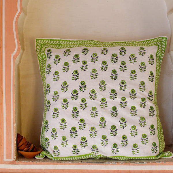 Cotton Cushion Cover Green Floral Booti Block Print