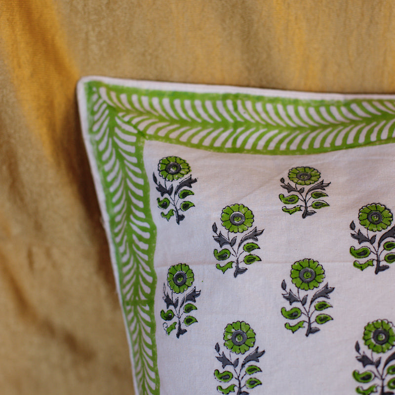 Cotton Cushion Cover Green Floral Booti Block Print