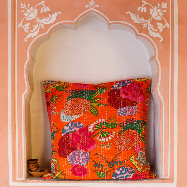 Cotton Cushion Cover Orange Floral Kantha Work