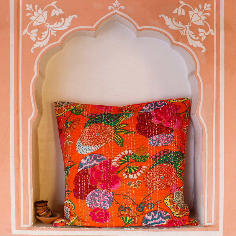 Cotton Cushion Cover Orange Floral Kantha Work