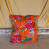 Cotton Cushion Cover Orange Floral Kantha Work