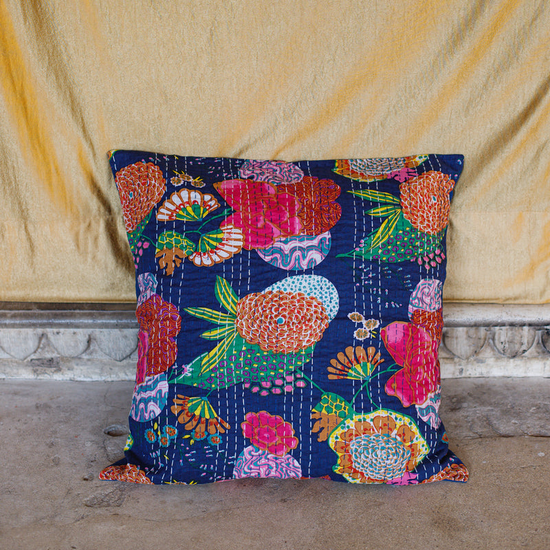 Cotton Cushion Cover Blue Floral Kantha Work