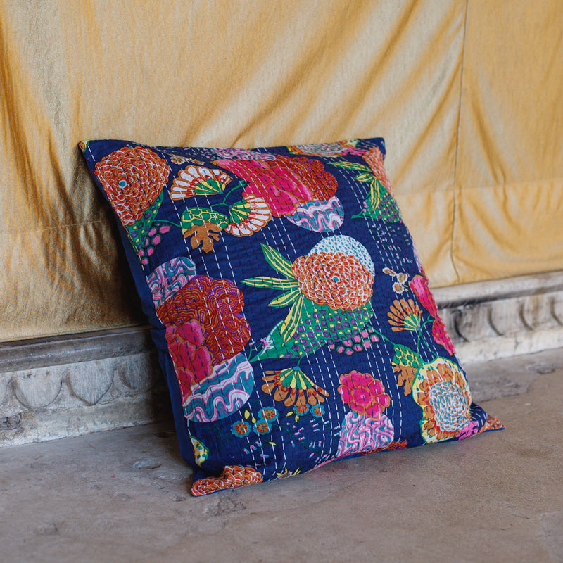 Cotton Cushion Cover Blue Floral Kantha Work