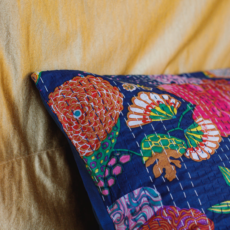 Cotton Cushion Cover Blue Floral Kantha Work
