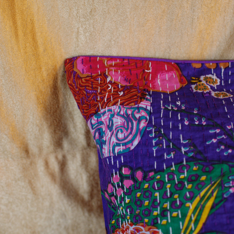 Cotton Cushion Cover Purple Floral Kantha Work
