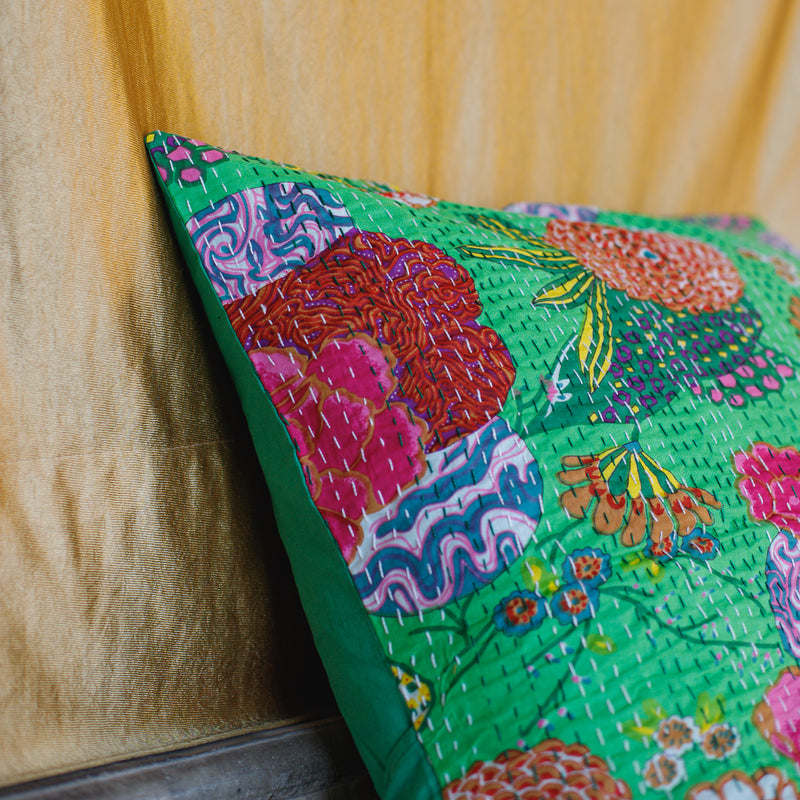 Cotton Cushion Cover Light Green Floral Kantha Work