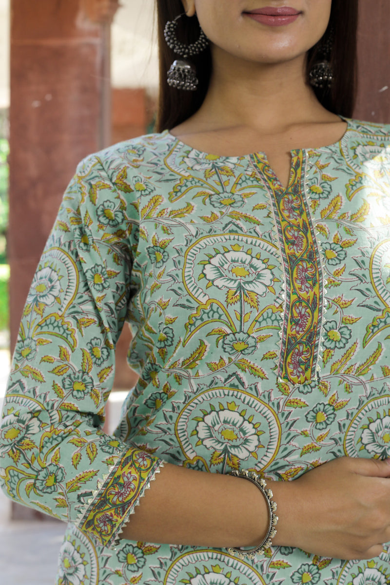 Cotton Straight Kurti - Mustard Floral Motif
