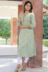 Cotton Straight Kurti - Mustard Floral Motif