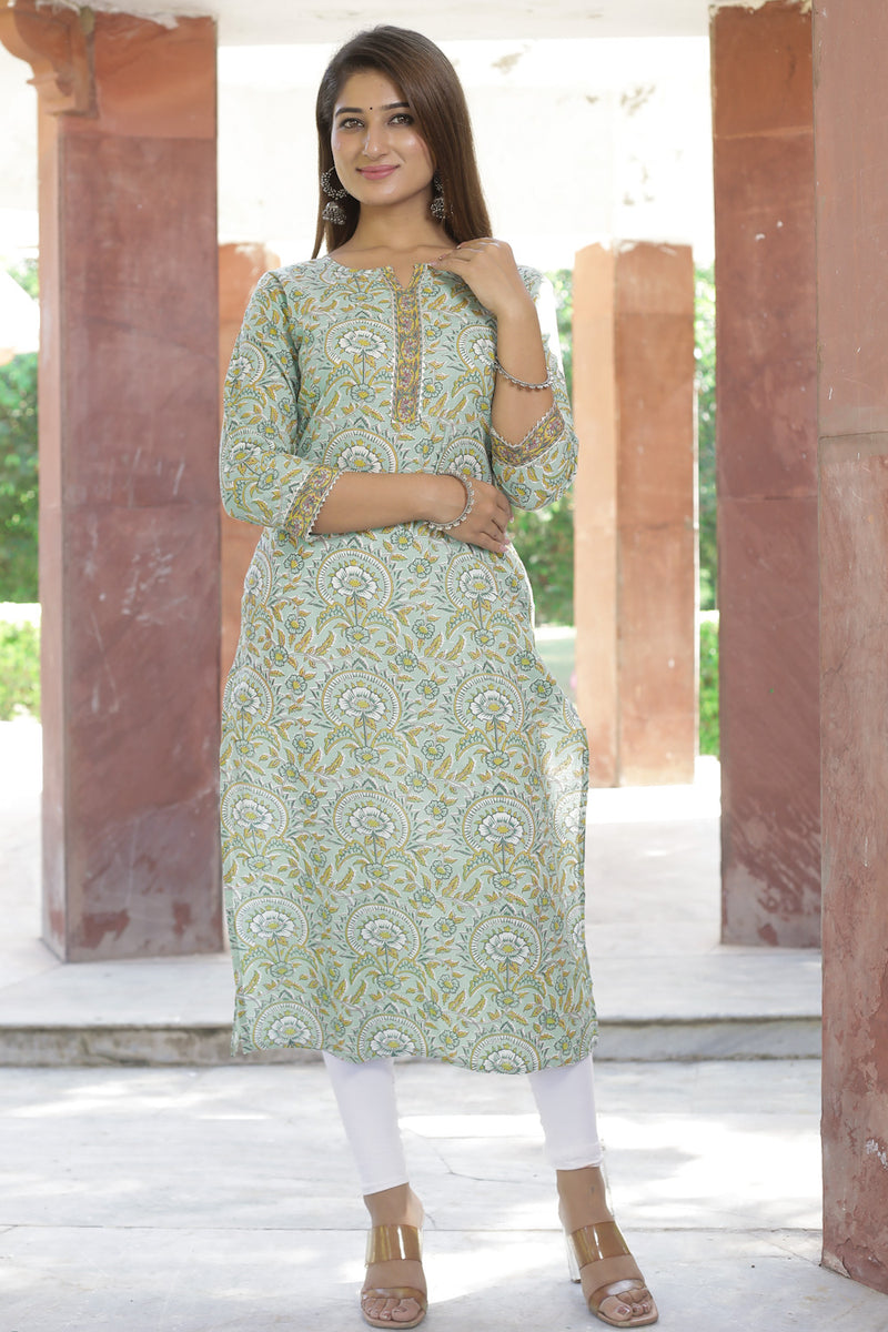 Cotton Straight Kurti - Mustard Floral Motif