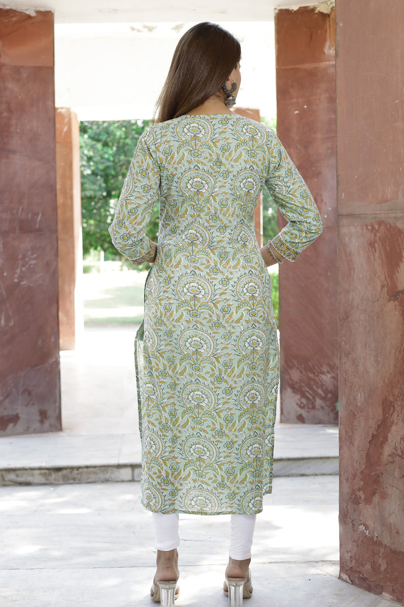 Cotton Straight Kurti - Mustard Floral Motif