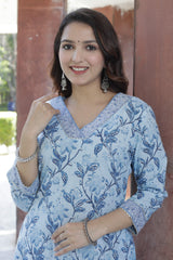 Cotton Straight Kurti - Ocean Blue Floral Motif