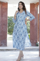 Cotton Straight Kurti - Ocean Blue Floral Motif