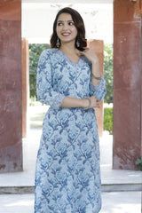 Cotton Straight Kurti - Ocean Blue Floral Motif