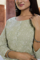 Cotton Straight Kurti - Green Floral Motif