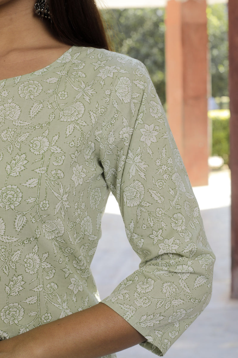 Cotton Straight Kurti - Green Floral Motif