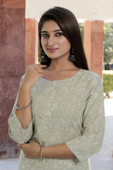 Cotton Straight Kurti - Green Floral Motif