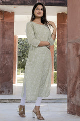 Cotton Straight Kurti - Green Floral Motif
