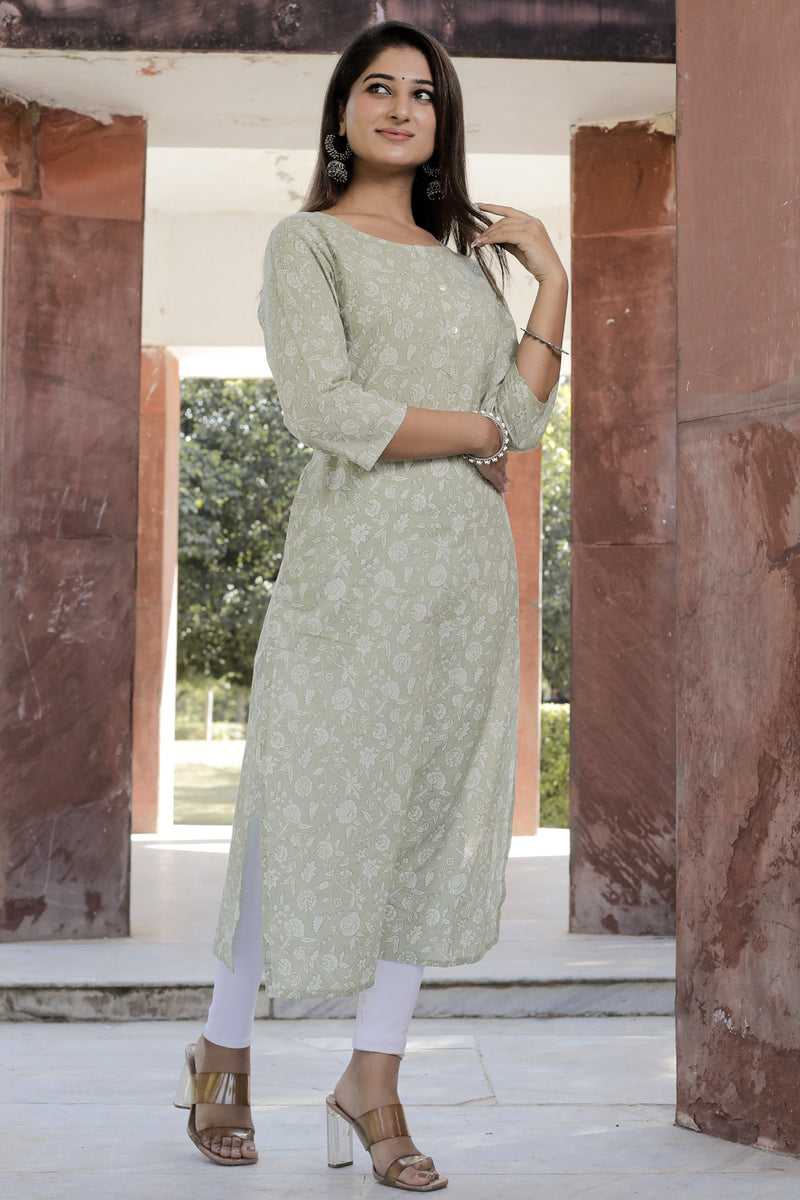 Cotton Straight Kurti - Green Floral Motif