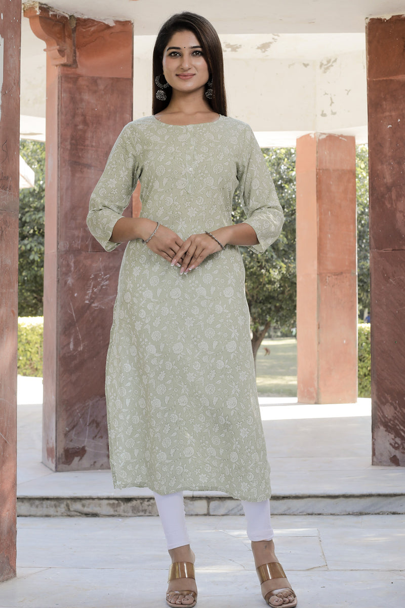 Cotton Straight Kurti - Green Floral Motif