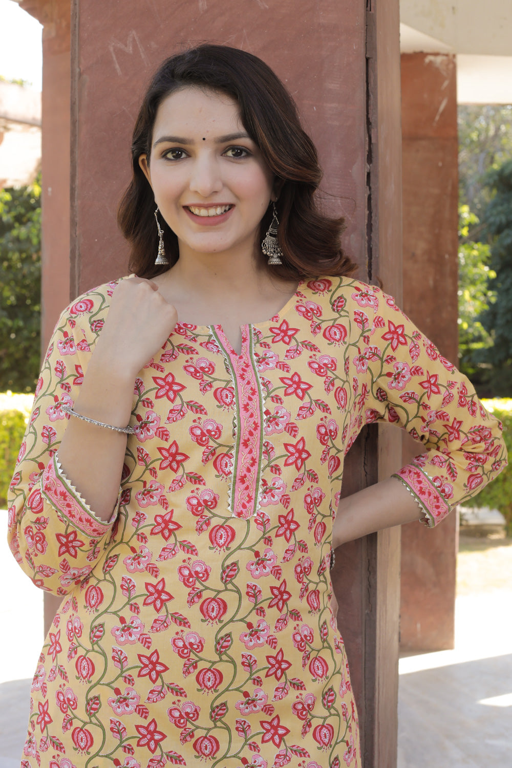 Cotton Straight Kurti - Ruby Red Floral Motif