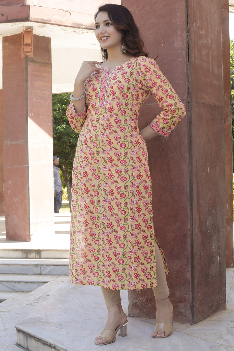 Cotton Straight Kurti - Ruby Red Floral Motif