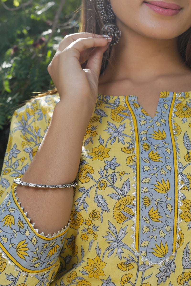 Cotton Straight Kurti - Grey Floral Motif
