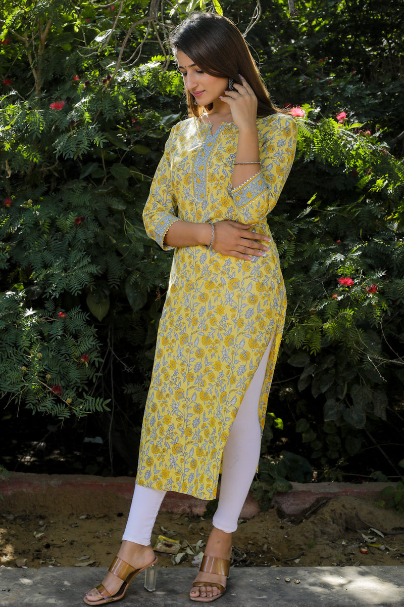 Cotton Straight Kurti - Grey Floral Motif