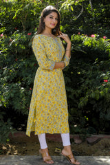 Cotton Straight Kurti - Grey Floral Motif
