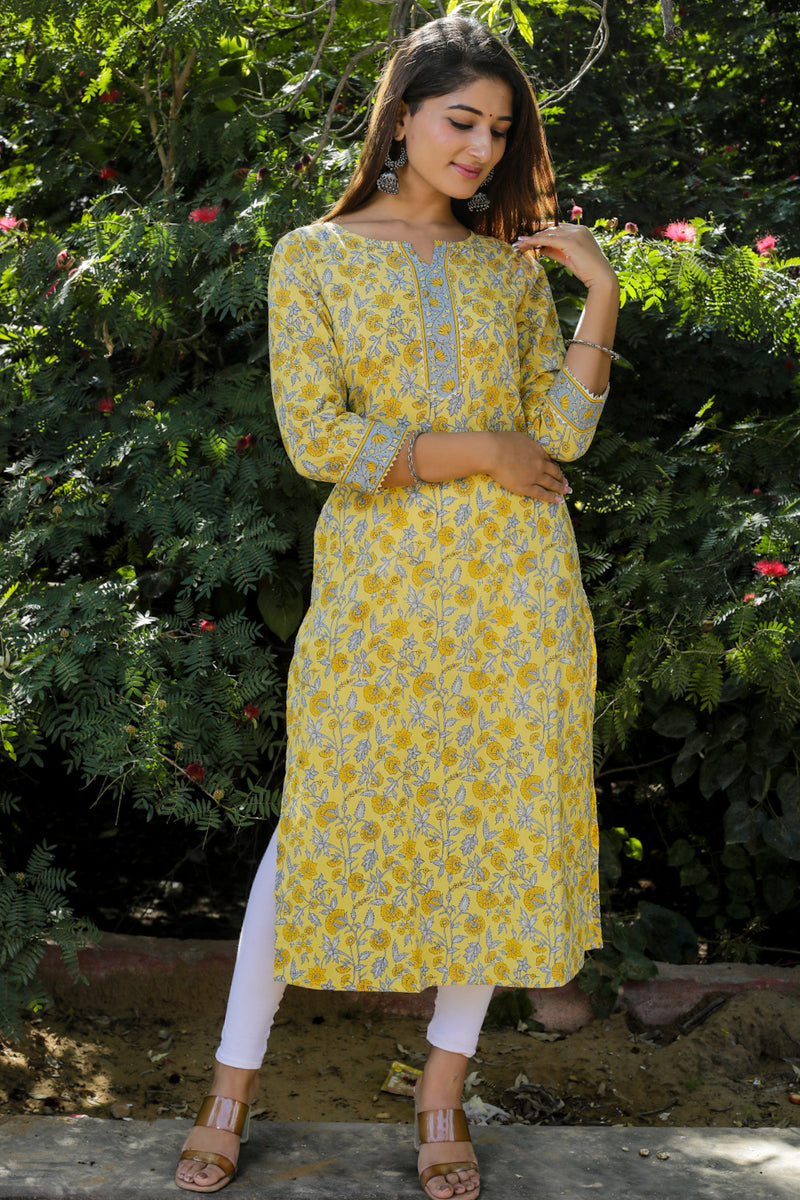 Cotton Straight Kurti - Grey Floral Motif