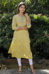 Cotton Straight Kurti - Grey Floral Motif