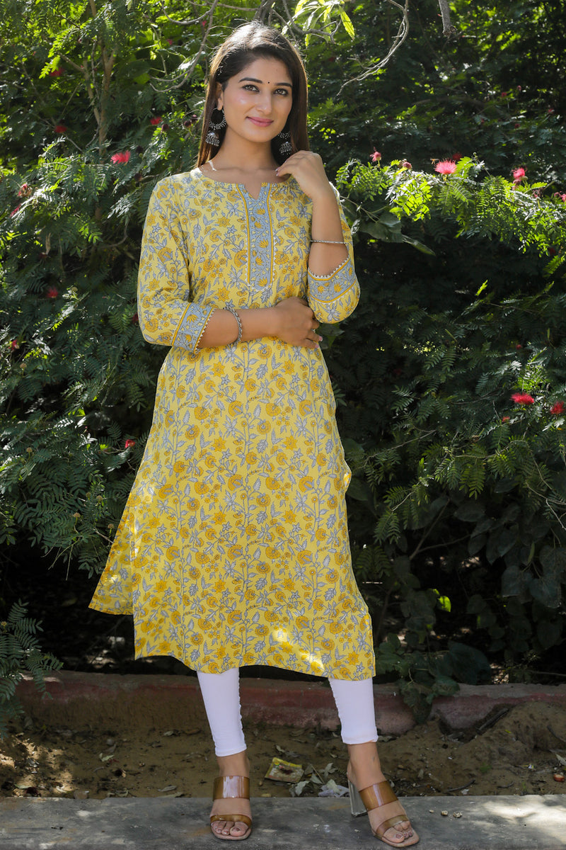 Cotton Straight Kurti - Grey Floral Motif