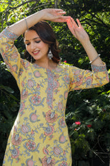 Cotton Straight Kurti - Peach Floral Motif