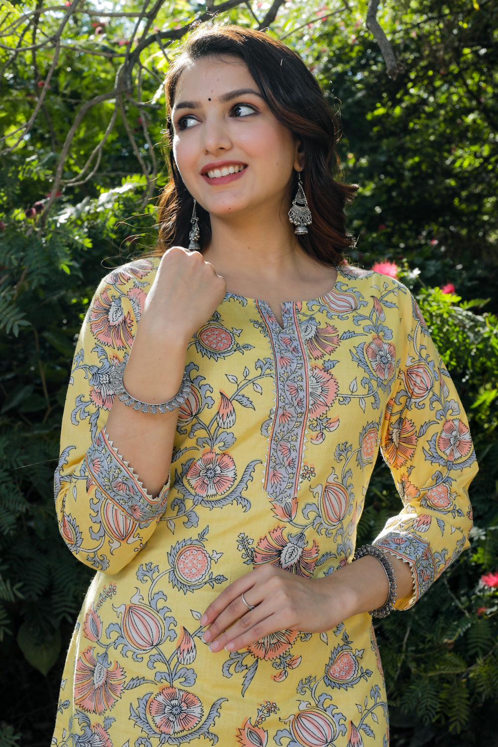 Cotton Straight Kurti - Peach Floral Motif