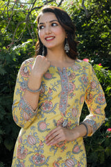 Cotton Straight Kurti - Peach Floral Motif