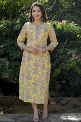 Cotton Straight Kurti - Peach Floral Motif