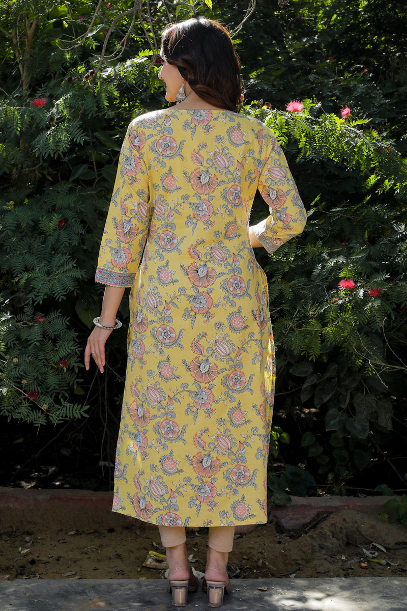 Cotton Straight Kurti - Peach Floral Motif