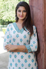 Cotton Straight Kurti - Blue Floral Motif