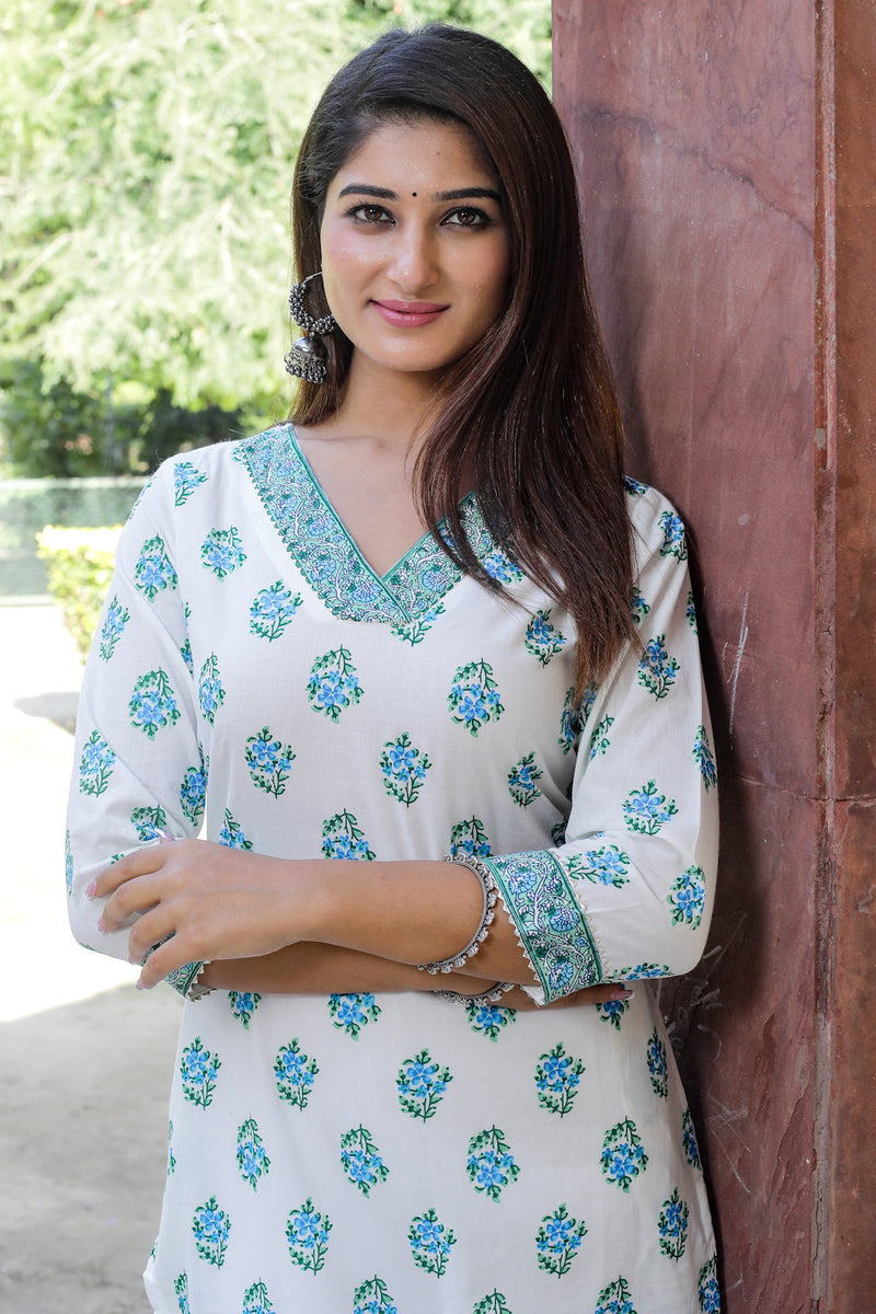 Cotton Straight Kurti - Blue Floral Motif