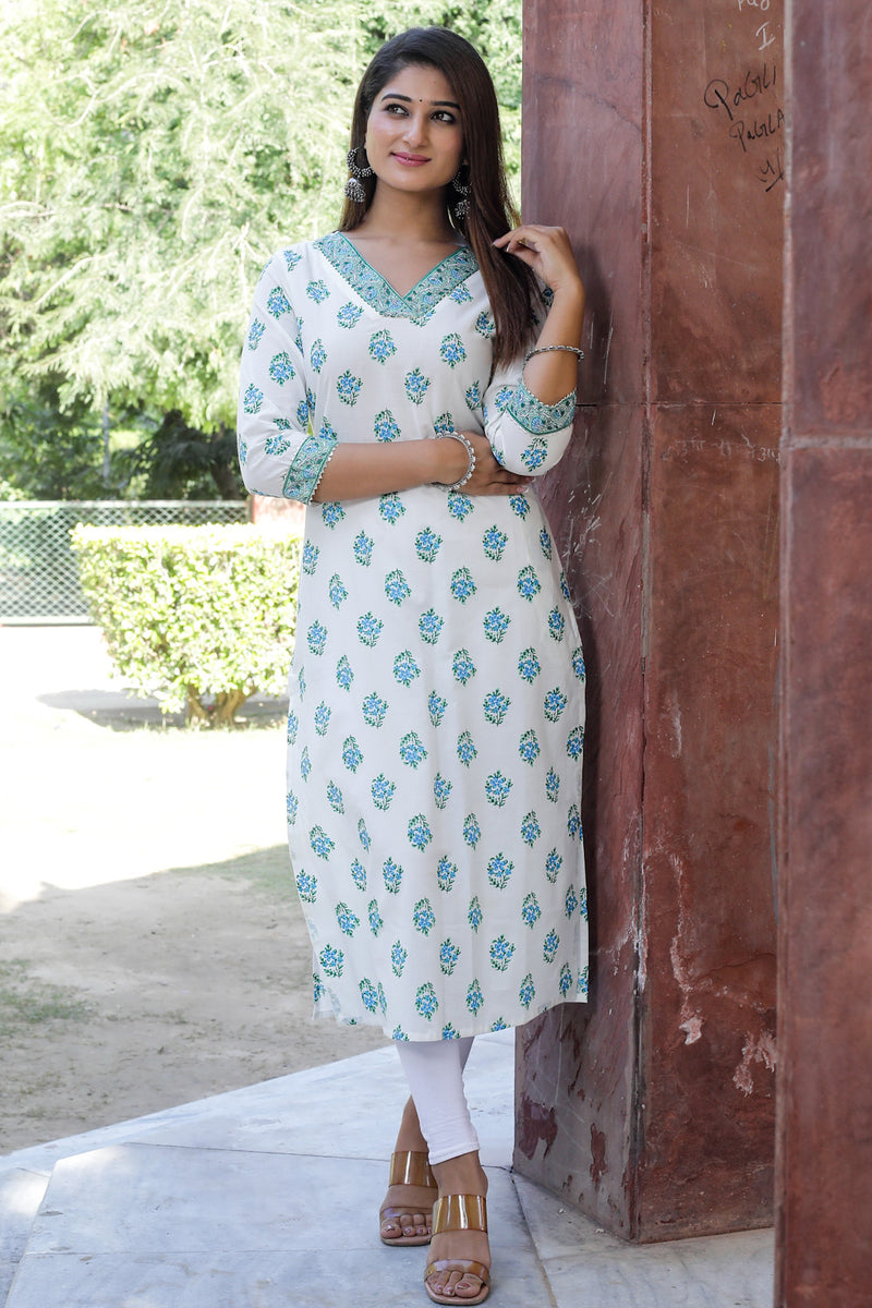 Cotton Straight Kurti - Blue Floral Motif