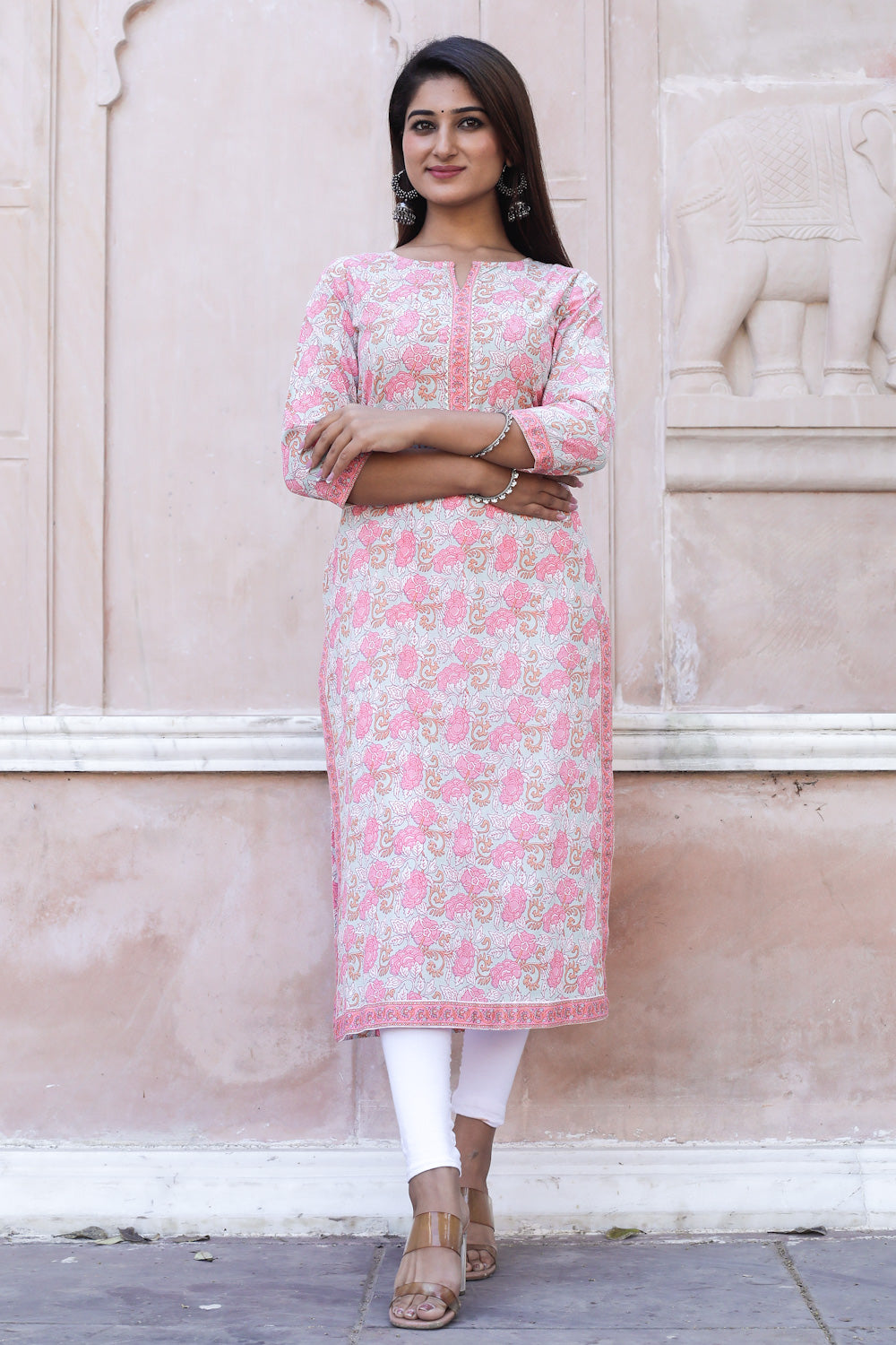 Cotton Straight Kurti - Watermelon Pink Floral Motif