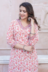 Cotton Straight Kurti - Rose Pink Floral Motif